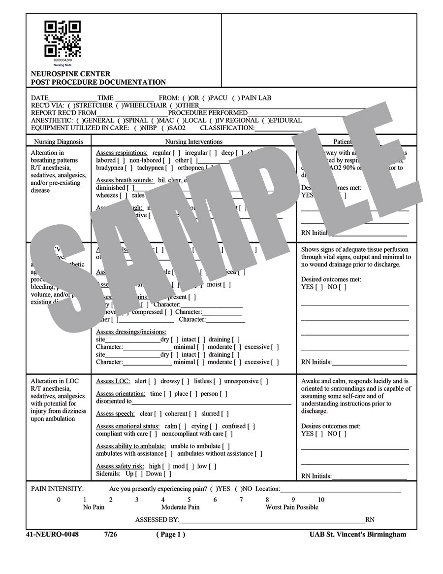 NEUROSPINE CENTER POST PROCEDURE DOCUMENTATION