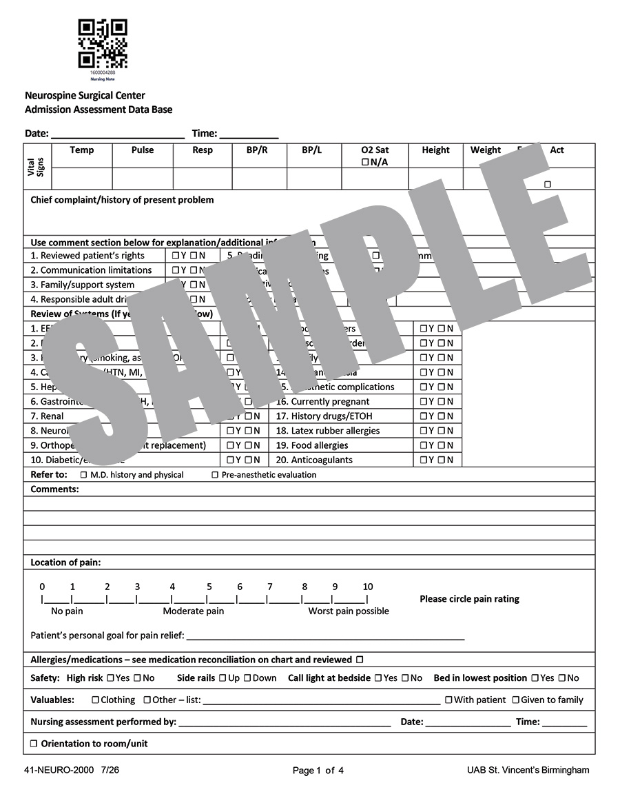 NEUROSPINE CENTER ADMISSION ASSESSMENT