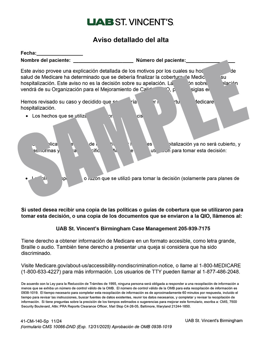 DETAILED NOTICE OF DISCHARGE - SPANISH