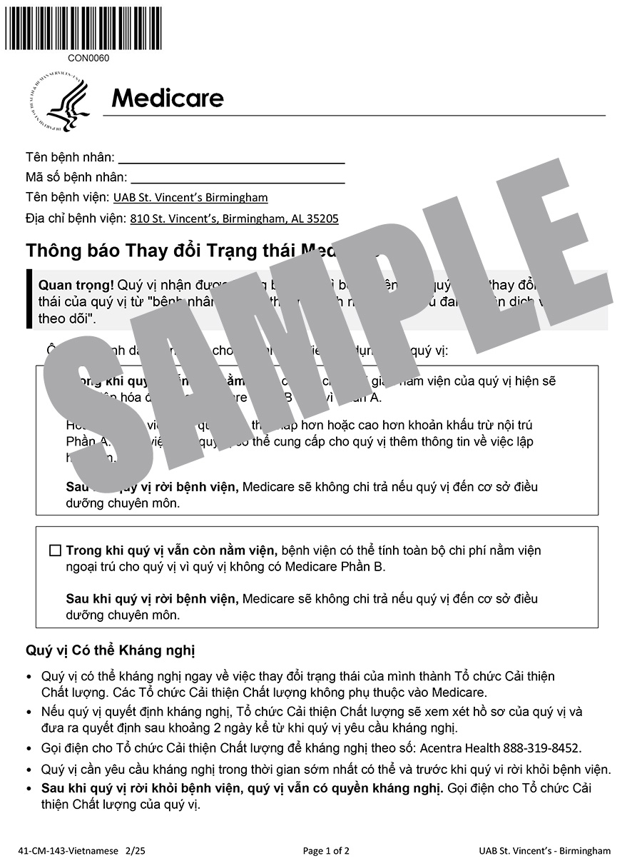 MEDICARE CHANGE OF STATUS NOTICE - VIETNAMESE