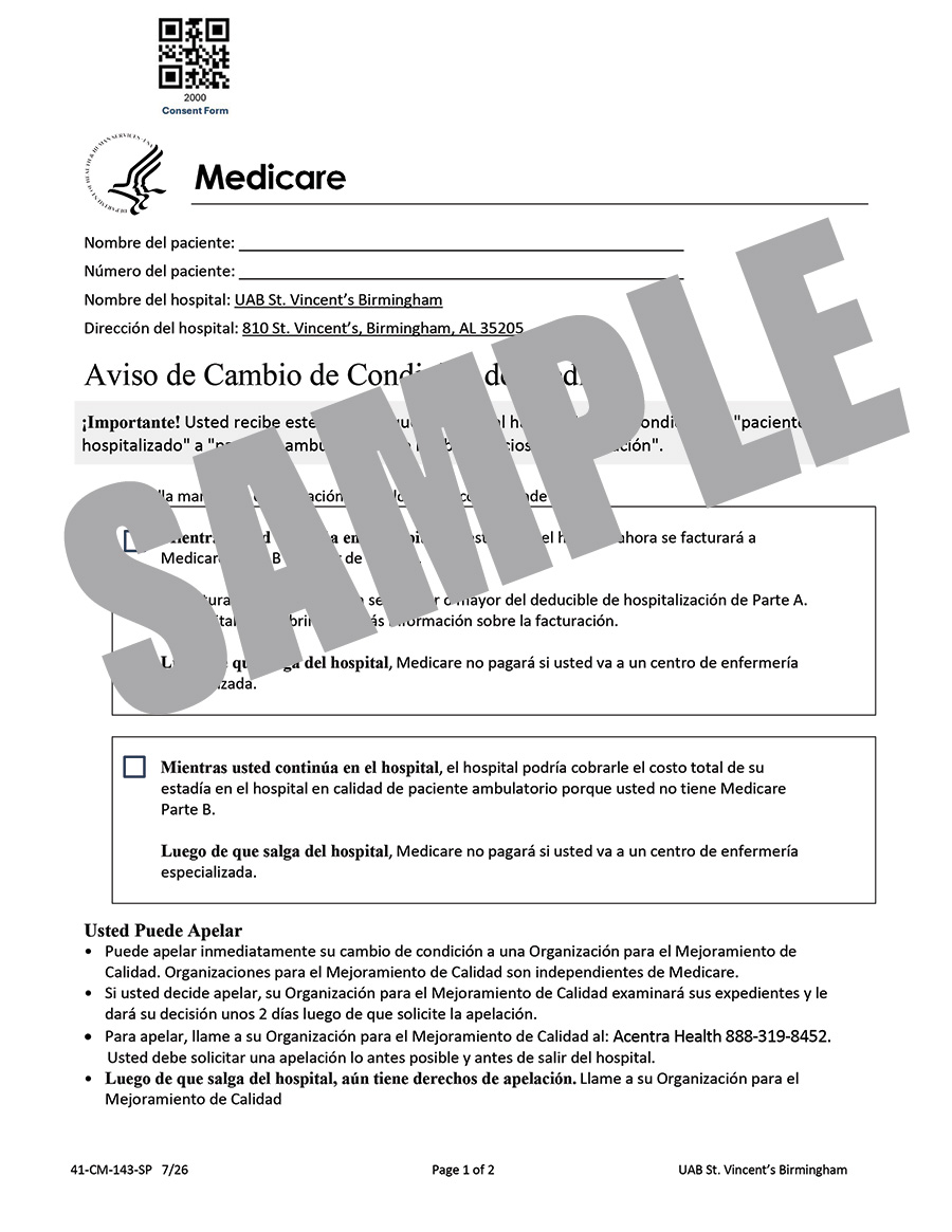 MEDICARE CHANGE OF STATUS NOTICE - SPANISH