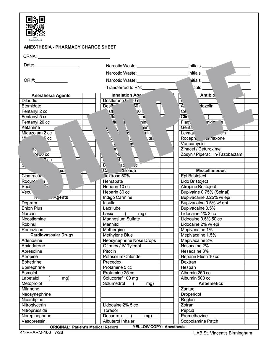 PHARMACY ANESTHESIA CHARGE SHEET