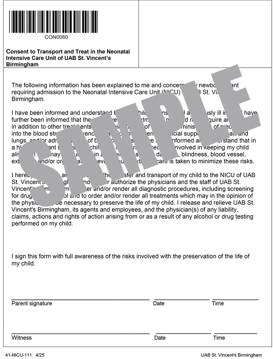 CONSENT TO TRANSPORT AND TREAT IN THE NICU