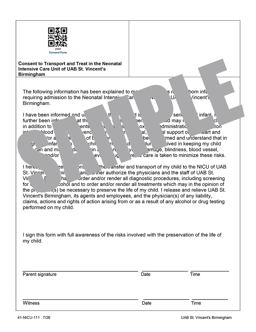 CONSENT TO TRANSPORT AND TREAT IN THE NICU