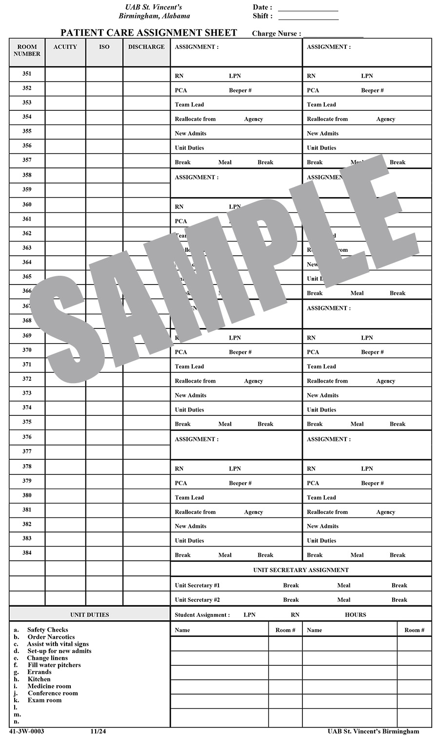 3 WEST PATIENT CARE ASSIGNMENT SHEET