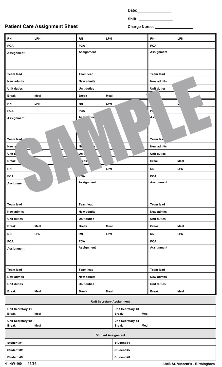 4 WEST PATIENT CARE ASSIGNMENT SHEET