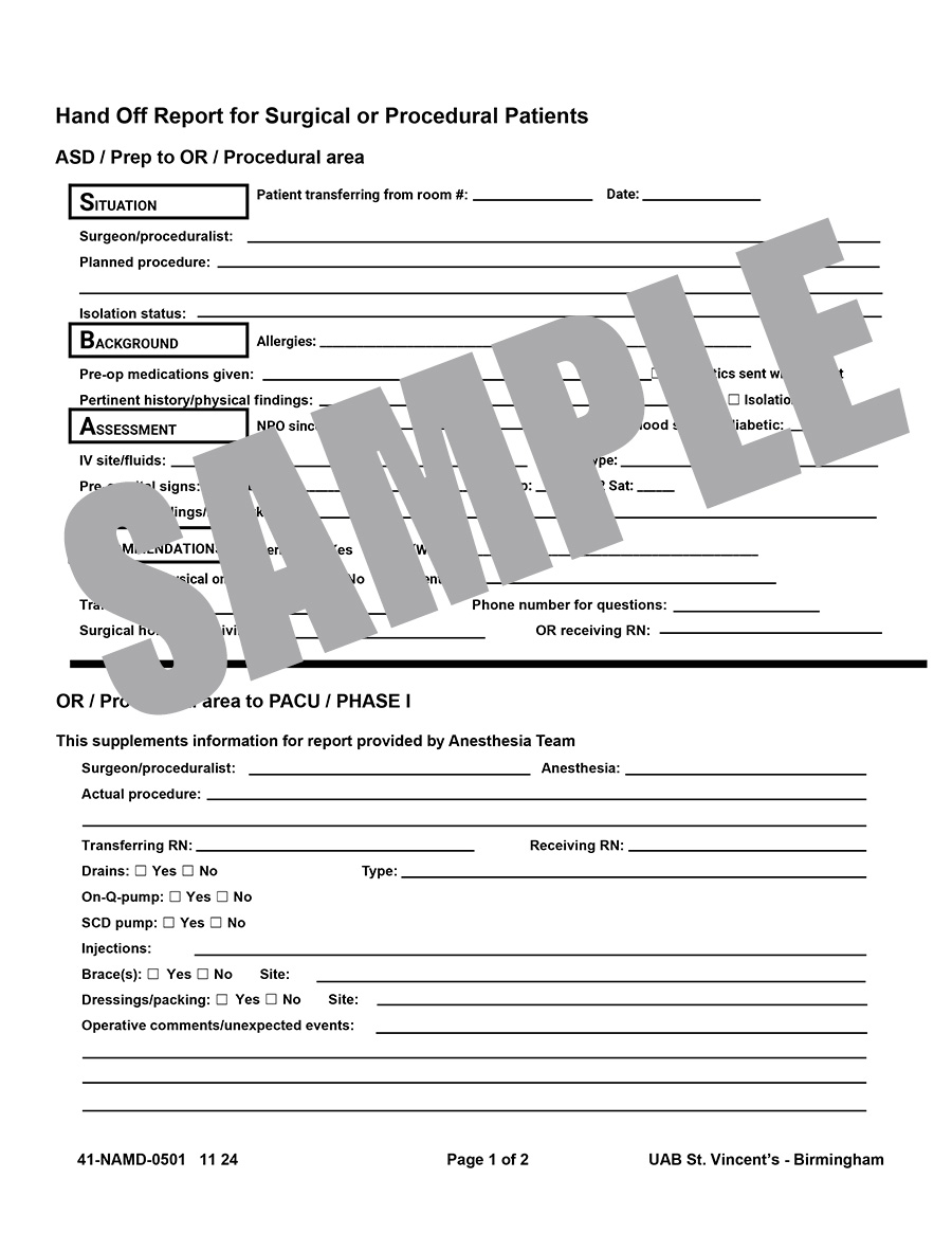 HAND OFF REPORT FOR SURGICAL OR PROCEDURAL PATIENTS