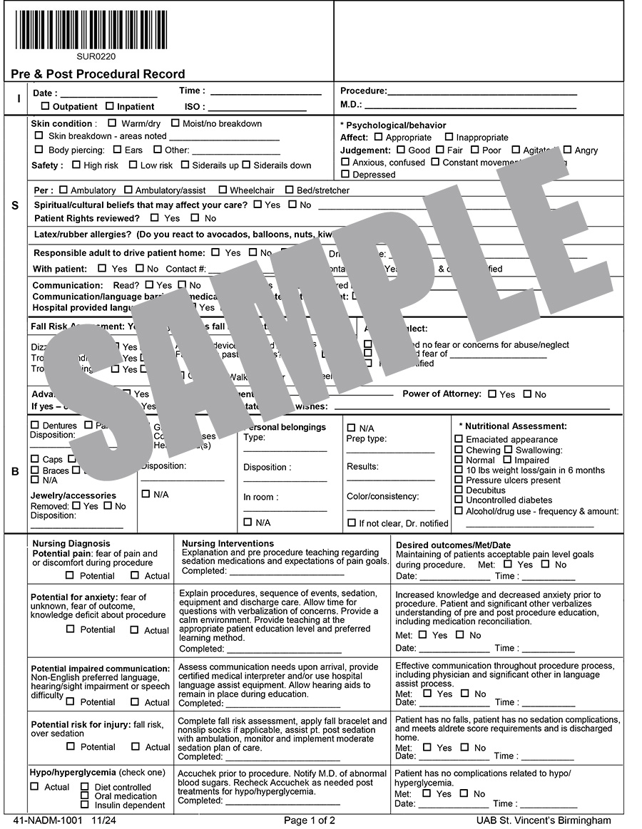 PRE & POST PROCEDURAL RECORD