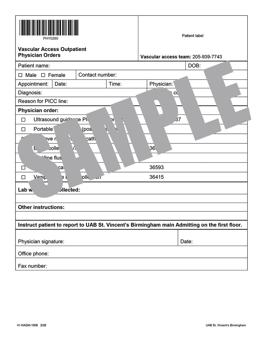 VASCULAR ACCESS OUTPATIENT PHYSICIAN ORDERS