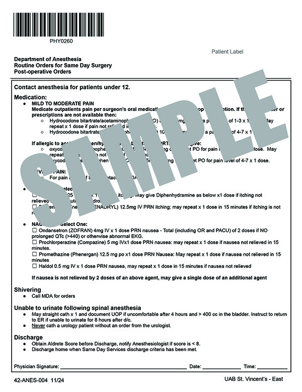 ROUTINE ANESTHESIA POST OP ORDER - EAST