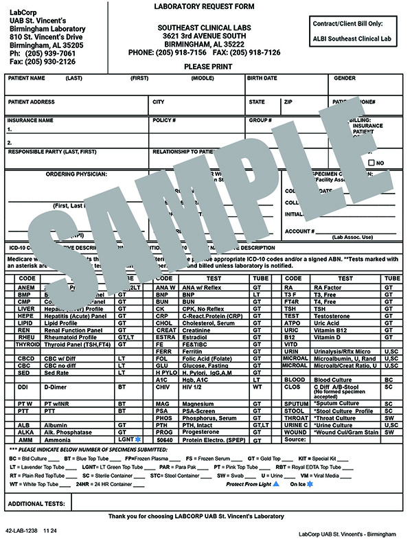 LAB REQUEST FORM - BHAM SE CLINIC
