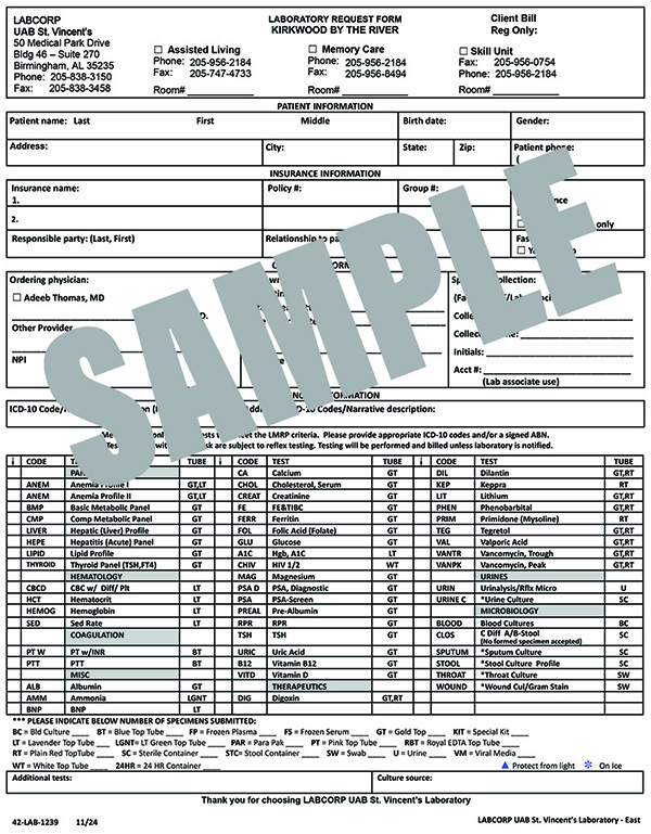 LAB REQUEST FORM - KIRKWOOD BY THE RIVER