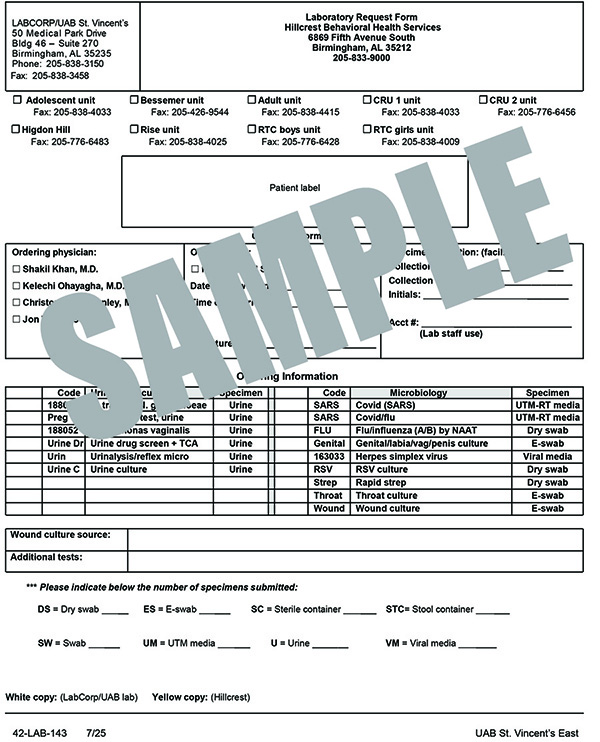 LAB REQUEST FORM - HILLCREST