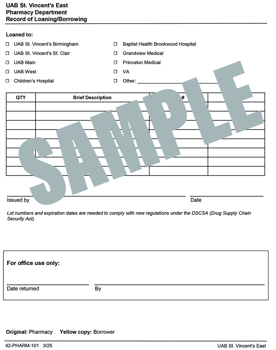 PHARMACY DEPT RECORD OF LOANING - BORROWING