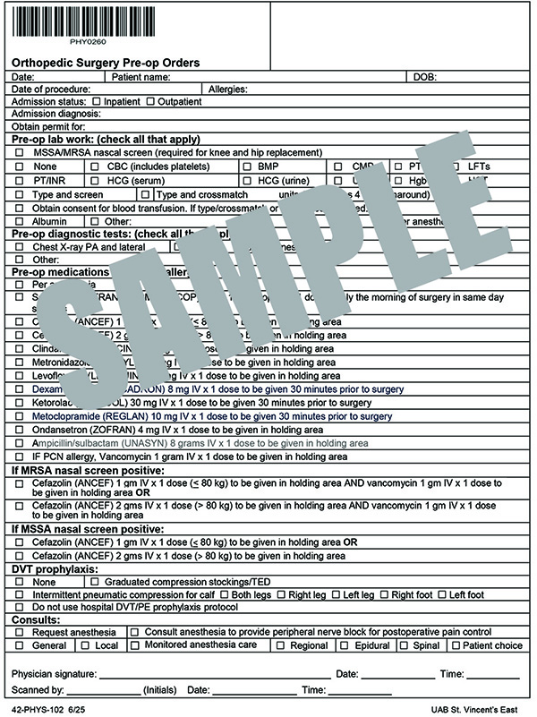 ORTHO SURGERY PRE OP ORDERS