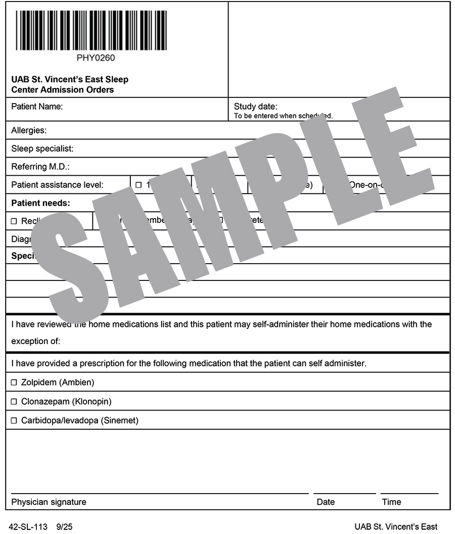 EAST SLEEP CENTER ADMISSION ORDERS