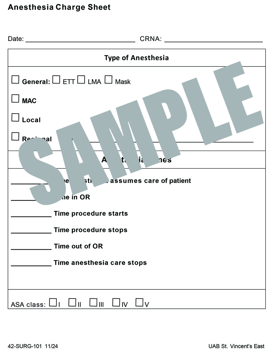 OR ANESTHESIA CHARGE SHEET - EAST