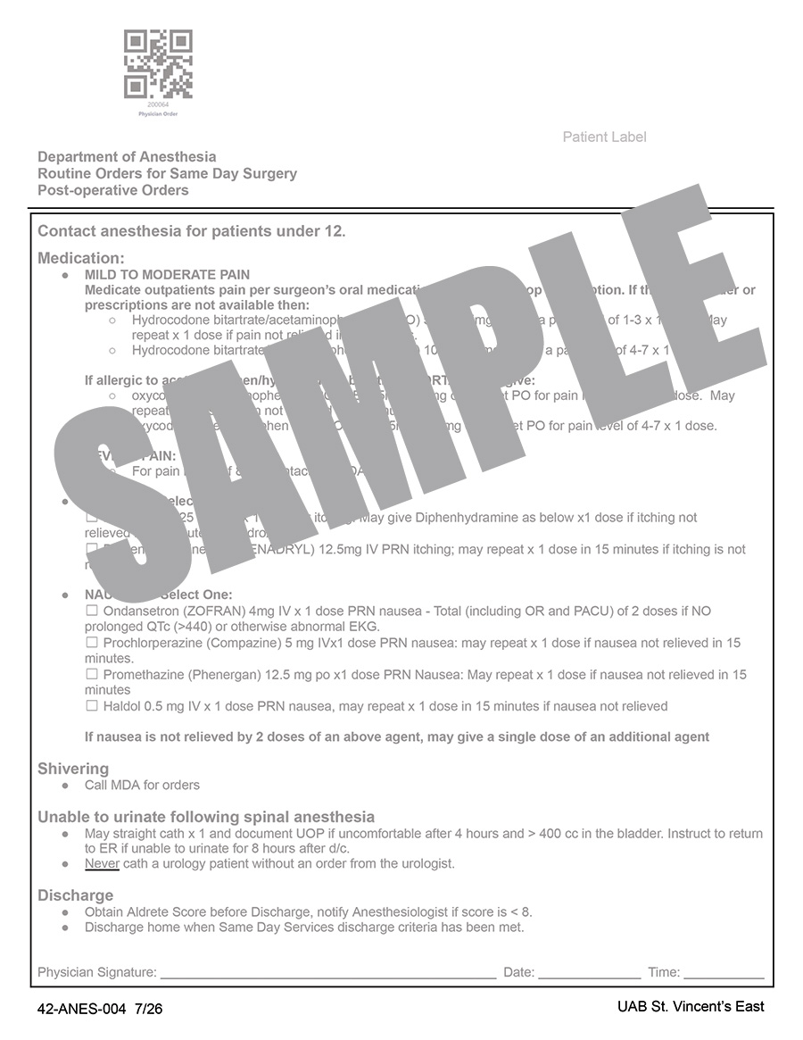 ROUTINE ANESTHESIA POST OP ORDER - EAST