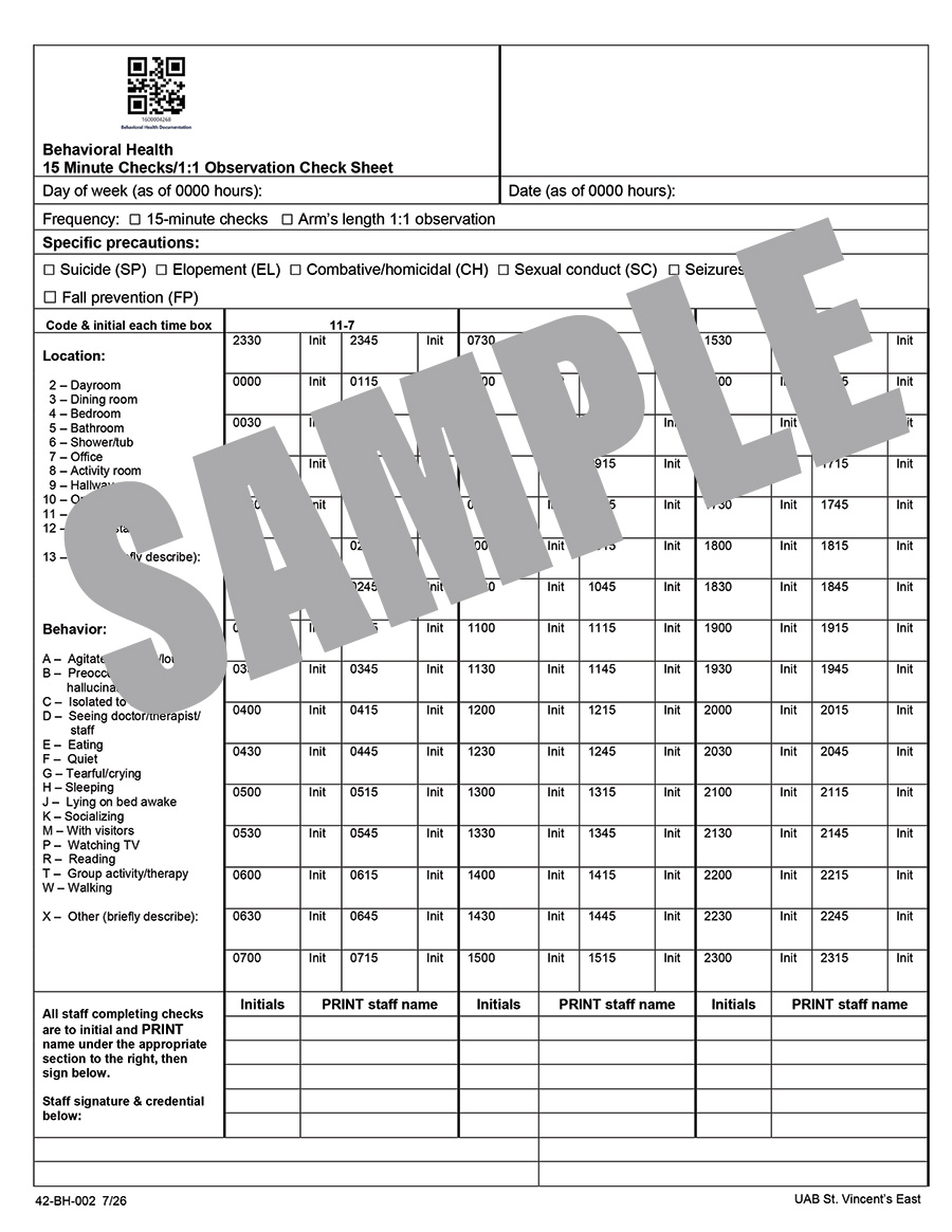 15 MINUTE CHECKS OBSERVATION SHEET