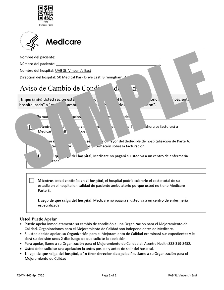 MEDICARE CHANGE OF STATUS NOTICE - SPANISH