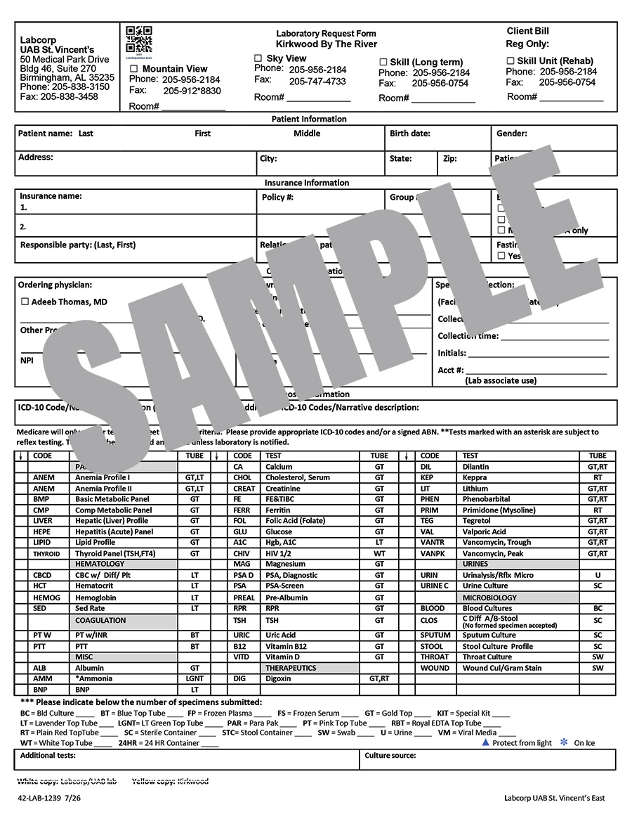 LAB REQUEST FORM - KIRKWOOD BY THE RIVER