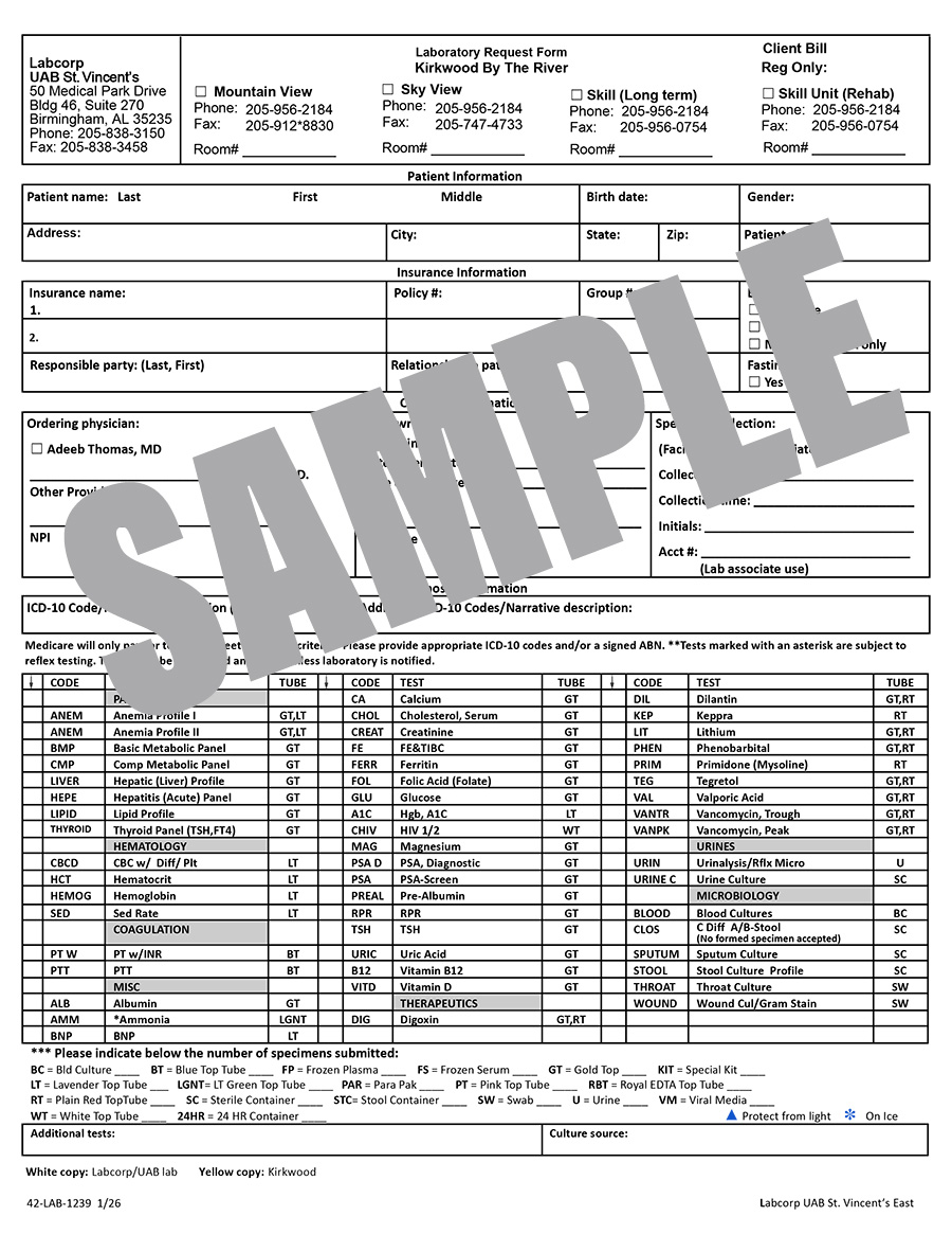 LAB REQUEST FORM - KIRKWOOD BY THE RIVER