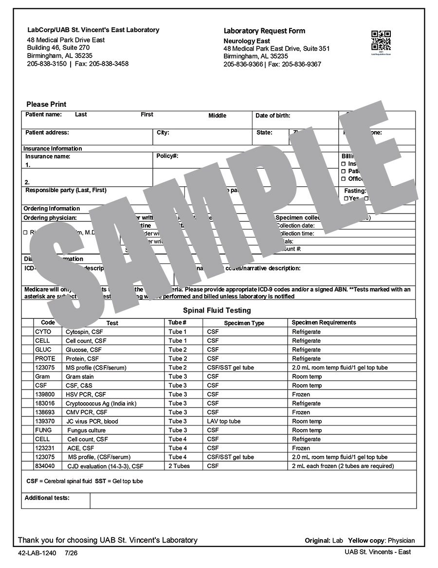 LAB REQUEST FORM - NEUROLOGY EAST