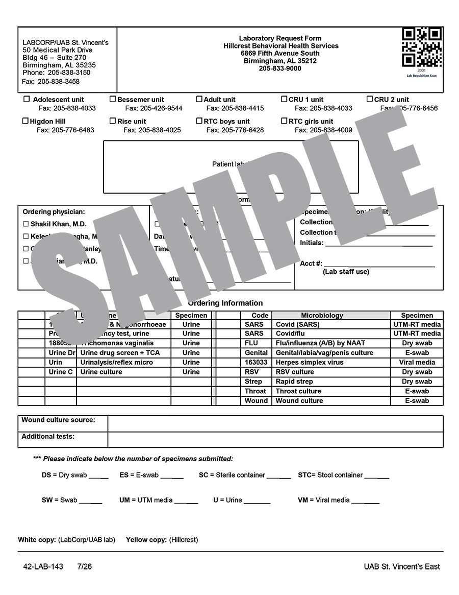 LAB REQUEST FORM - HILLCREST