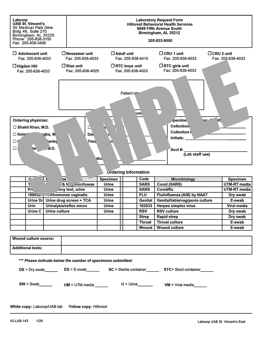 LAB REQUEST FORM - HILLCREST