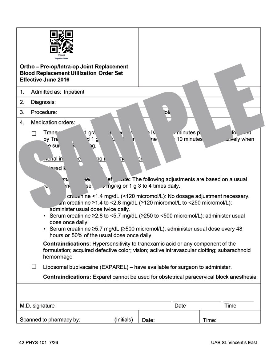 ORTHO PRE OP-INTRA OP JOINT REPLACEMENT BLOOD REPLACEMENT UTILIZATION ORDER SET