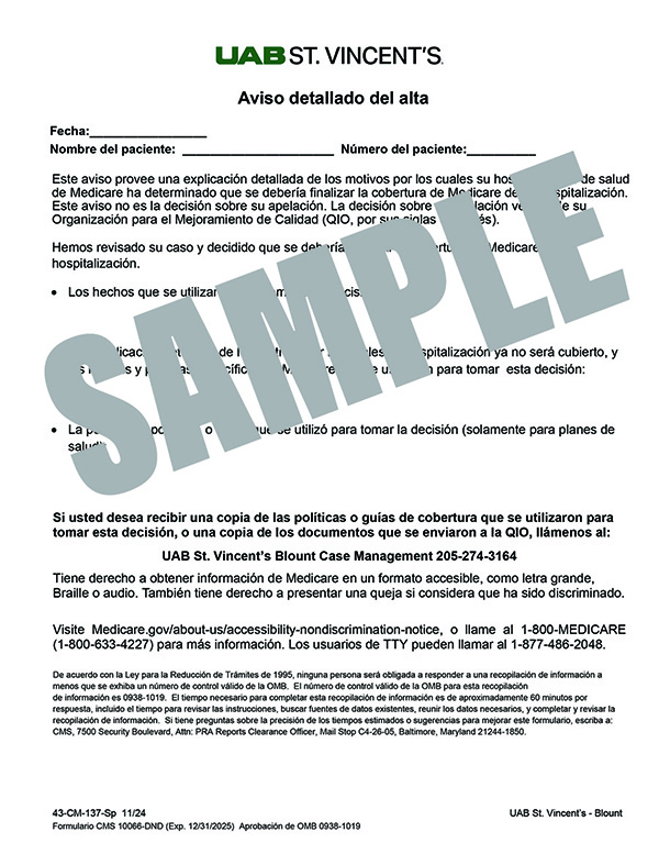 DETAILED NOTICE OF DISCHARGE - SPANISH