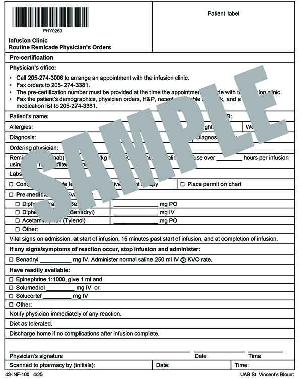 INFUSION CLINIC ROUTINE REMICADE PHYSICIAN ORDERS