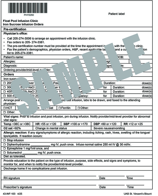 INFUSION FLOAT CLINIC IRON SUCROSE INFUSION ORDERS