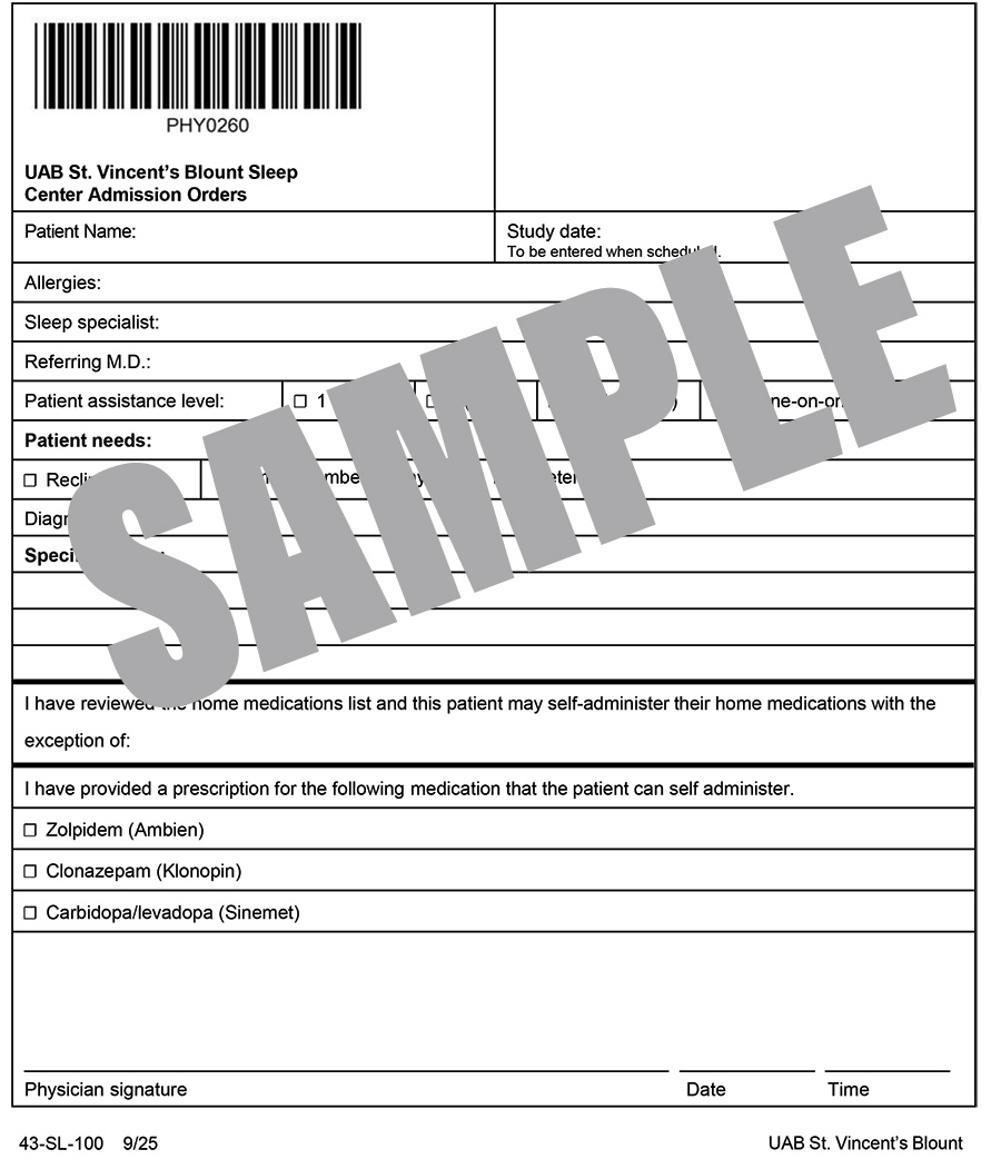 BLOUNT SLEEP CENTER ADMISSION ORDERS