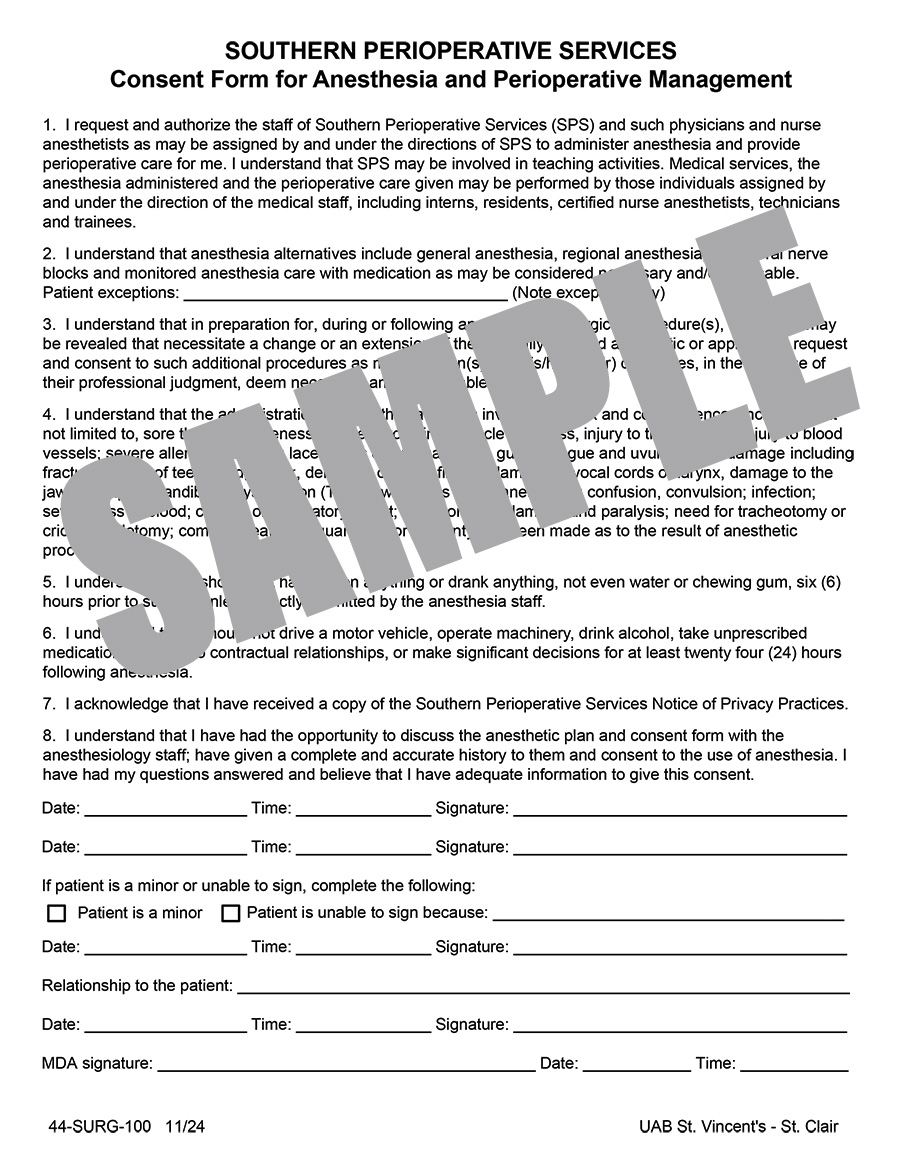 SOUTHERN PERIOPERATIVE SERVICES CONSENT