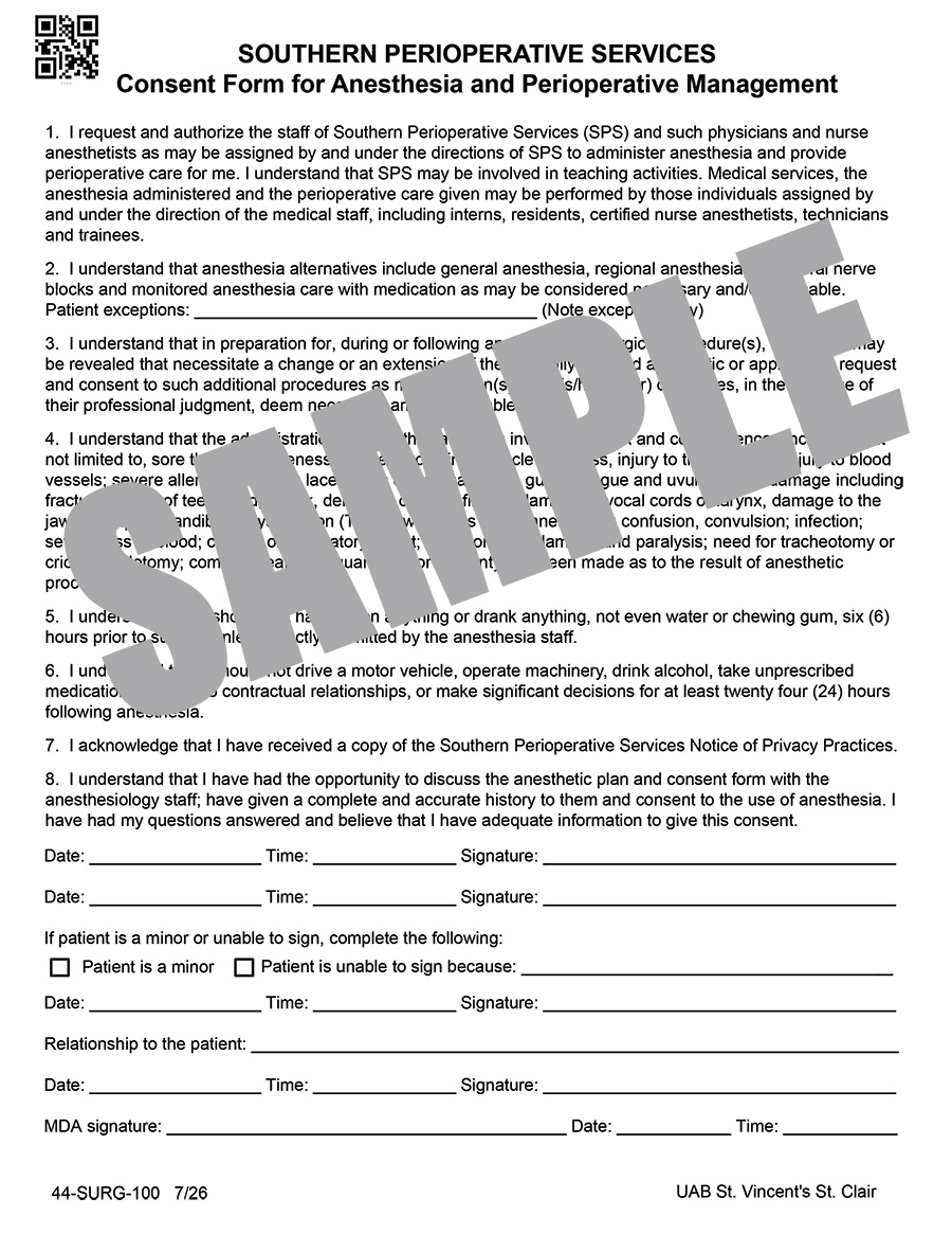 SOUTHERN PERIOPERATIVE SERVICES CONSENT