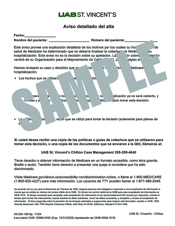 DETAILED NOTICE OF DISCHARGE -SPANISH