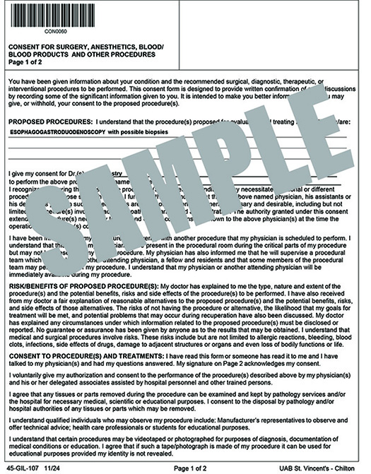 CONSENT FOR SURGERY CWPP EGD WITH POSSIBLE BIOPSIES