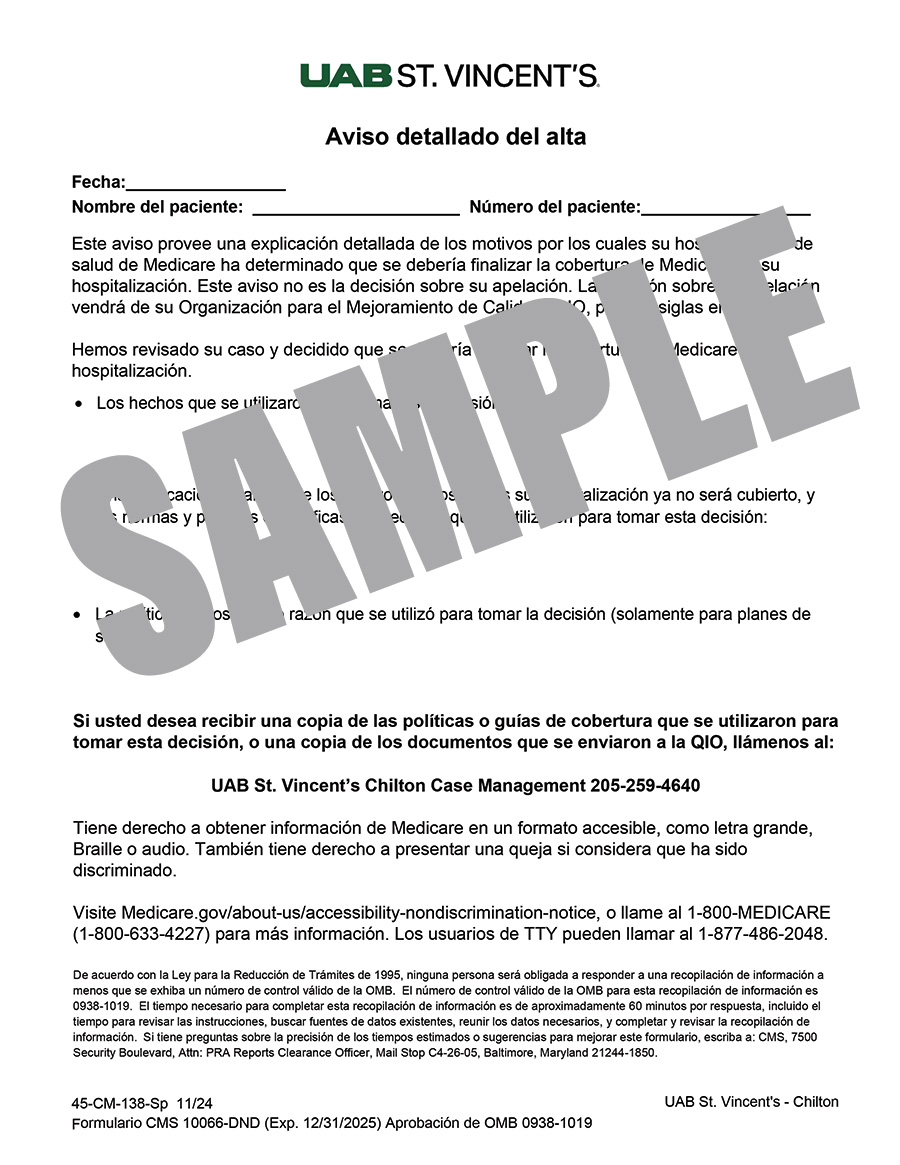 DETAILED NOTICE OF DISCHARGE -SPANISH