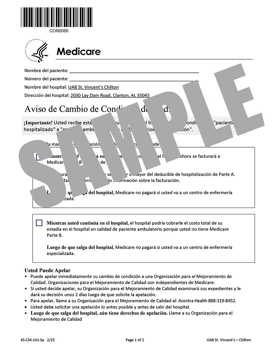 MEDICARE CHANGE OF STATUS NOTICE - SPANISH