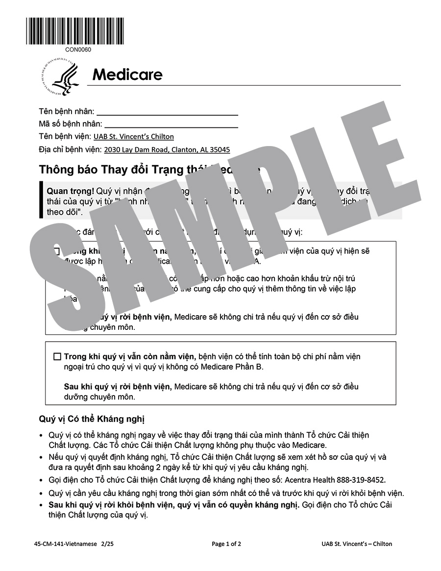 MEDICARE CHANGE OF STATUS NOTICE - VIETNAMESE