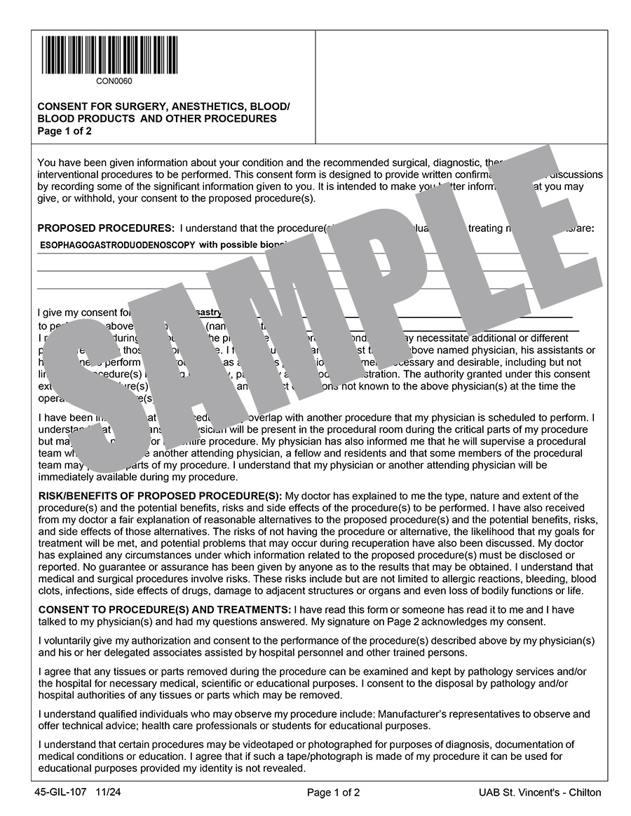 CONSENT FOR SURGERY CWPP EGD WITH POSSIBLE BIOPSIES