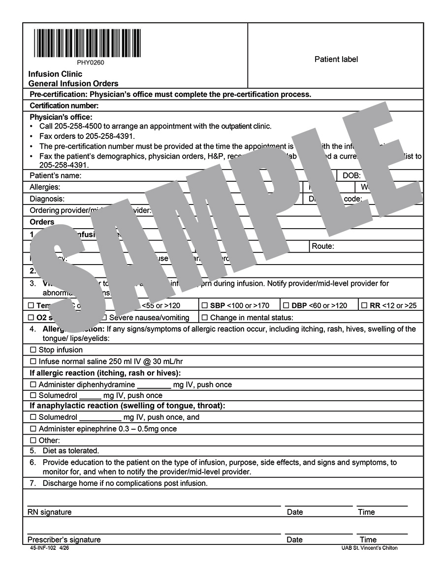 INFUSION CLINIC GENERAL INFUSION ORDERS