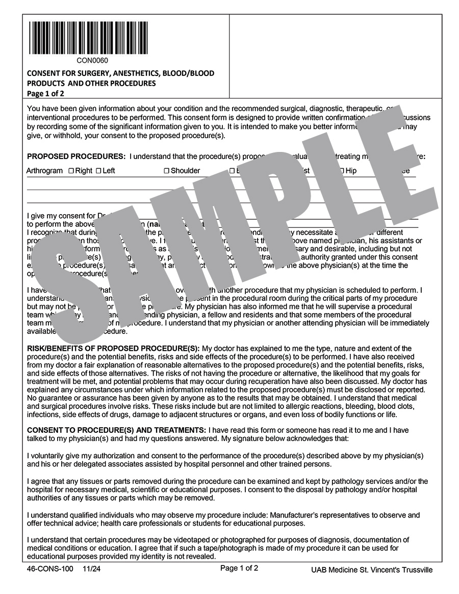 CONSENT FOR SURGERY, ANESTHETICS, BLOOD PROD, OTHER PROD