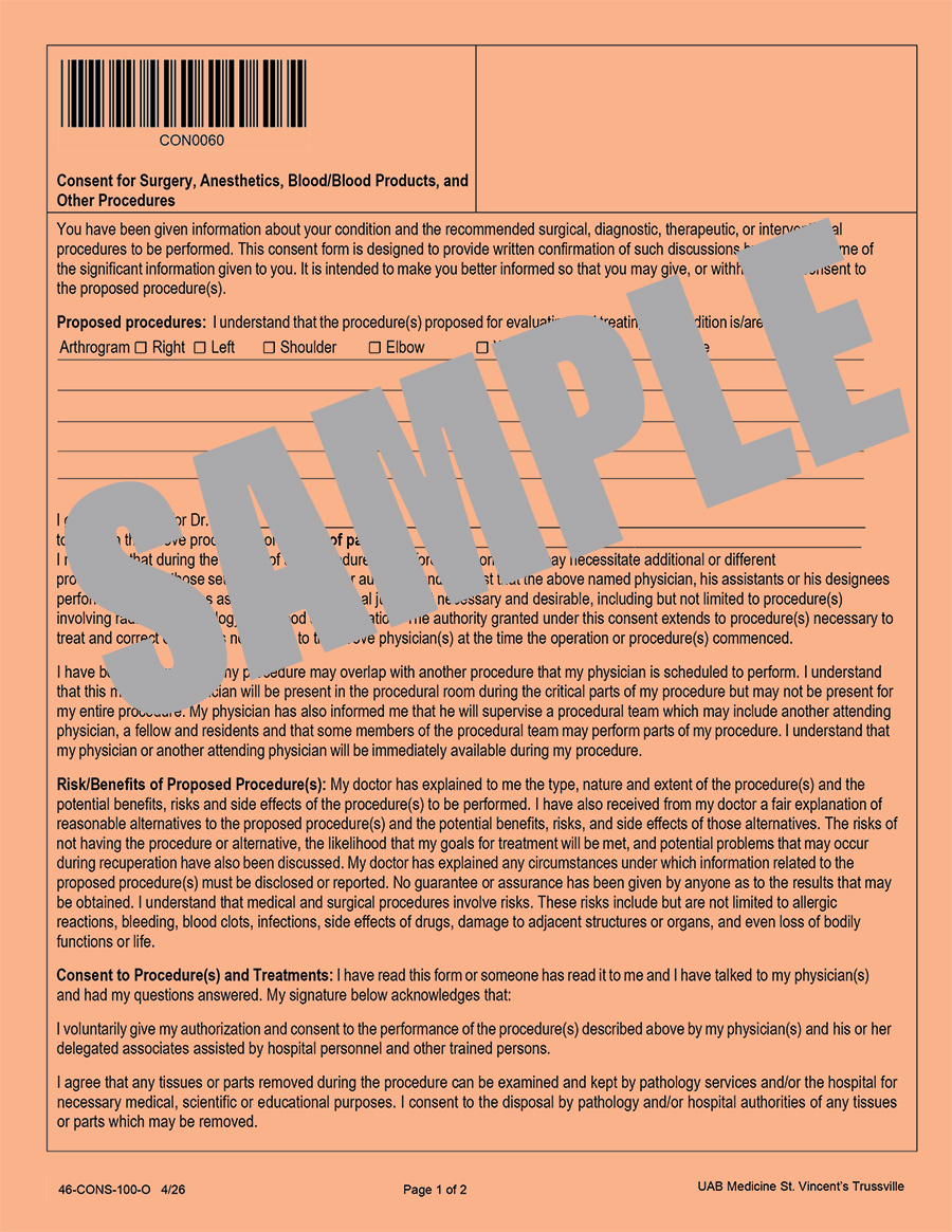 CONSENT FOR SURGERY, ANESTHETICS, BLOOD PROD, OTHER PROD (Orange)