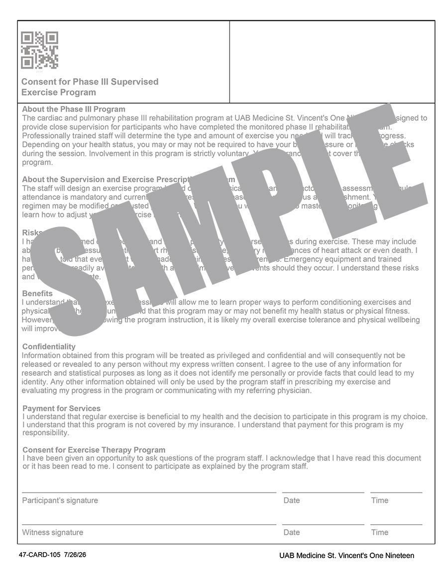 CONSENT FOR PHASE III SUPERVISED EXERCISE PROGRAM