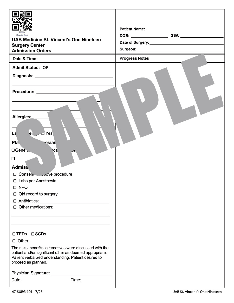 OP SURGERY CENTER ADMISSION ORDERS
