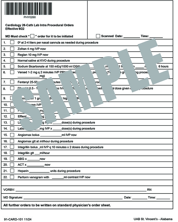 CATH LAB INTRA PROCEDURAL ORDERS