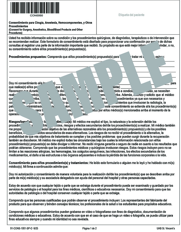 CONSENT FOR SURGERY, ANESTHETICS, BLOOD PROD, OTHER PROD_SPANISH_ORANGE