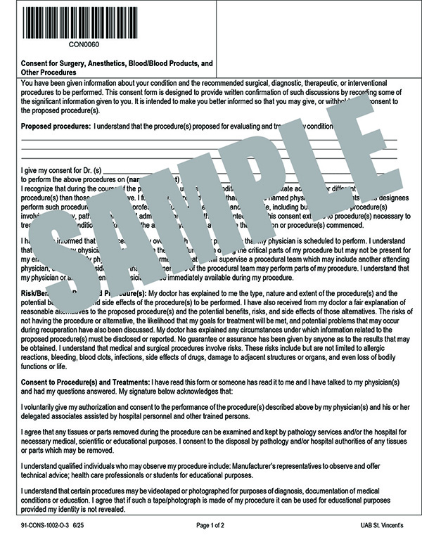 CONSENT FOR SURGERY, ANESTHETICS, BLOOD PROD, OTHER PROD-ORANGE-3